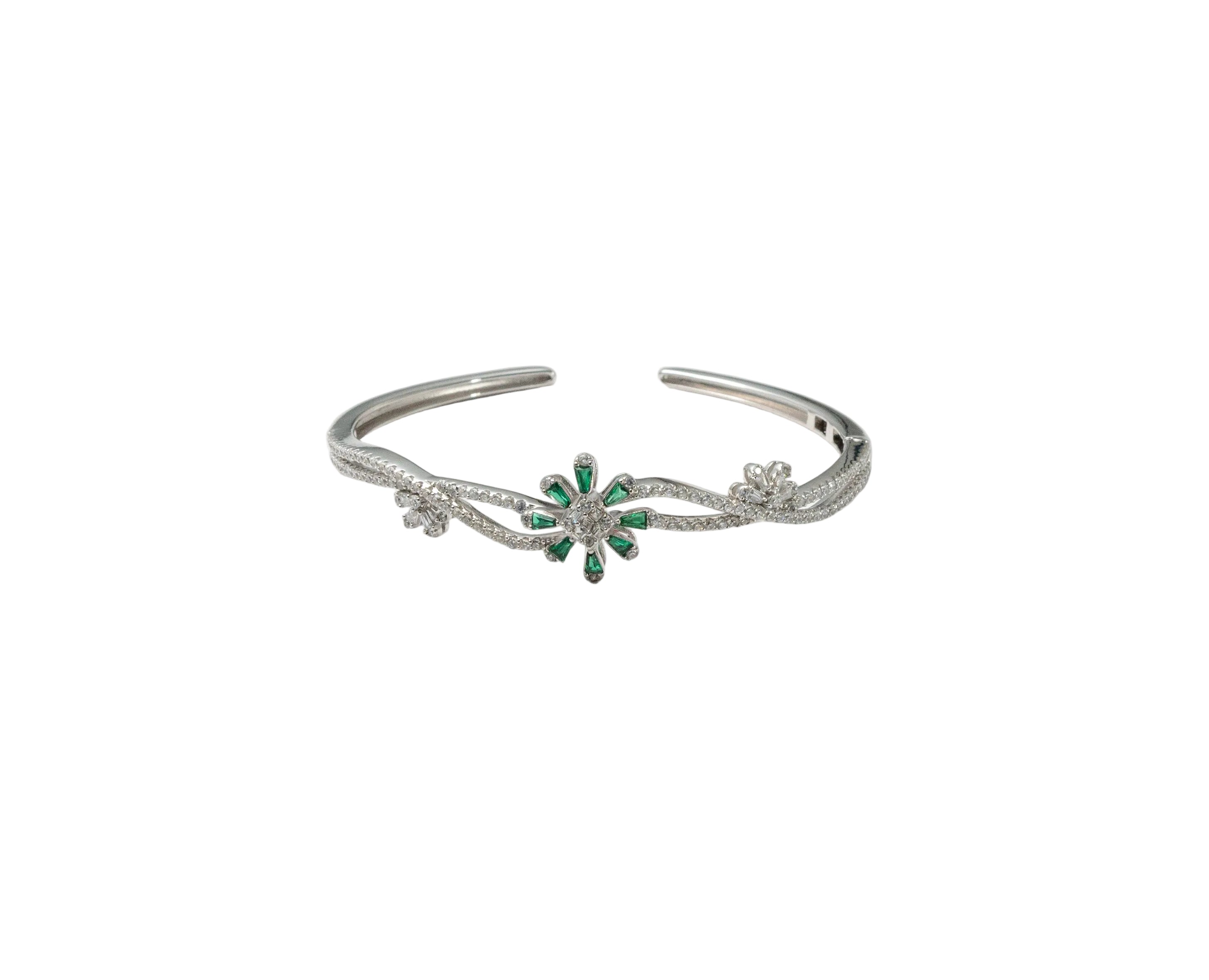 Silver Emerald Blossom Ladies Kada