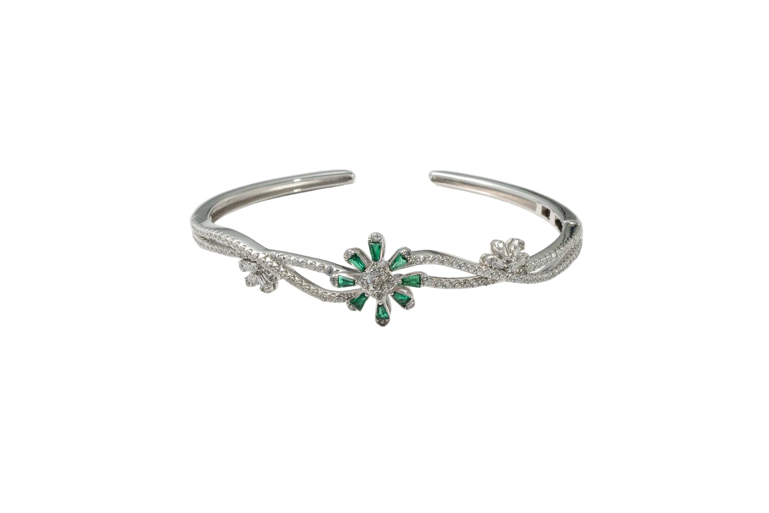Silver Emerald Blossom Ladies Kada