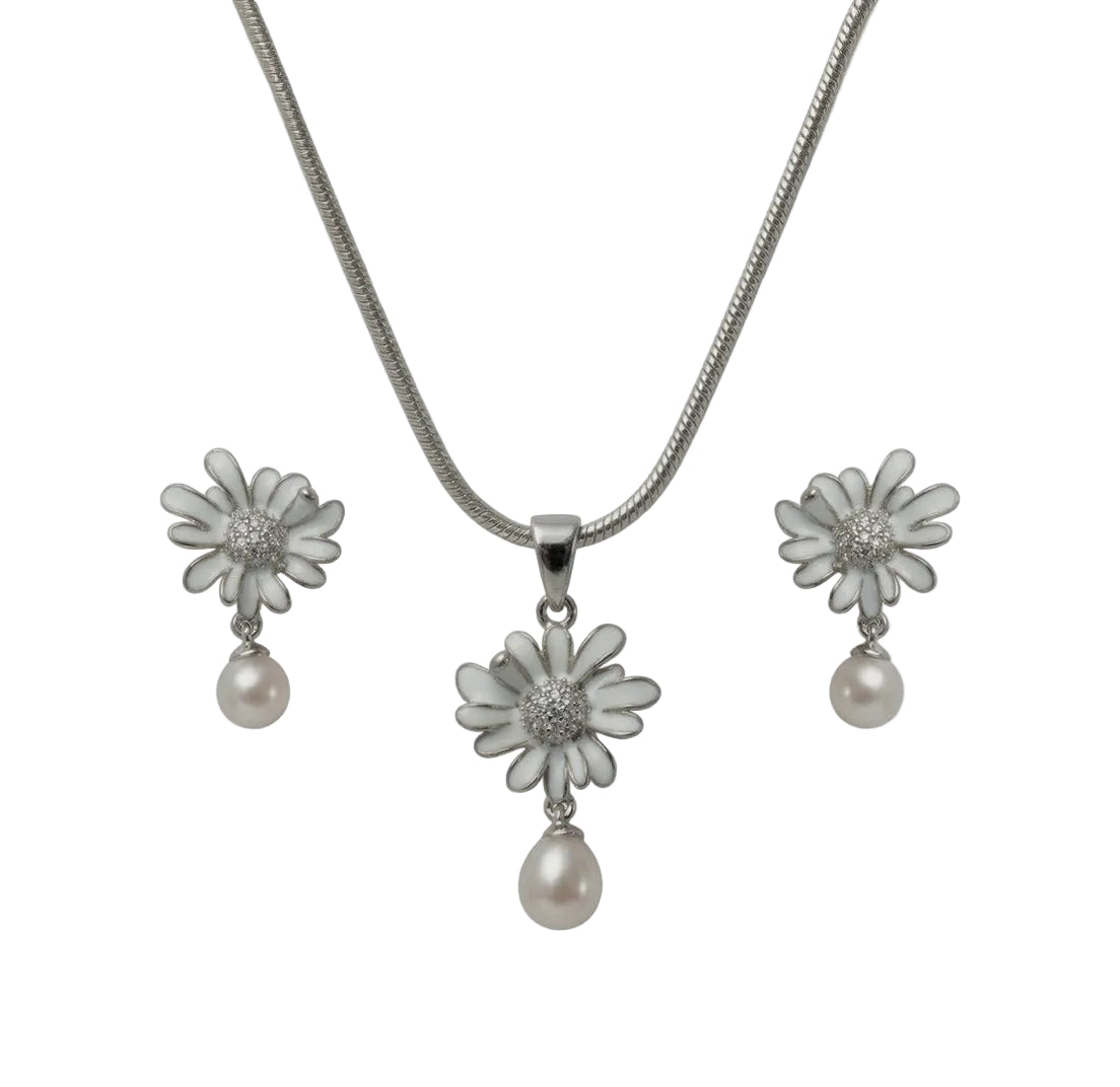 Silver Daisy Pearl Pendant Set
