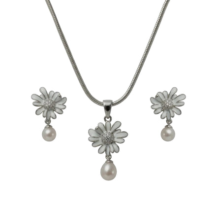 Silver Daisy Pearl Pendant Set