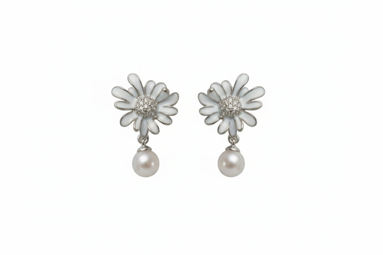 Silver Daisy Pearl Pendant Set