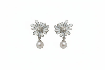 Silver Daisy Pearl Pendant Set