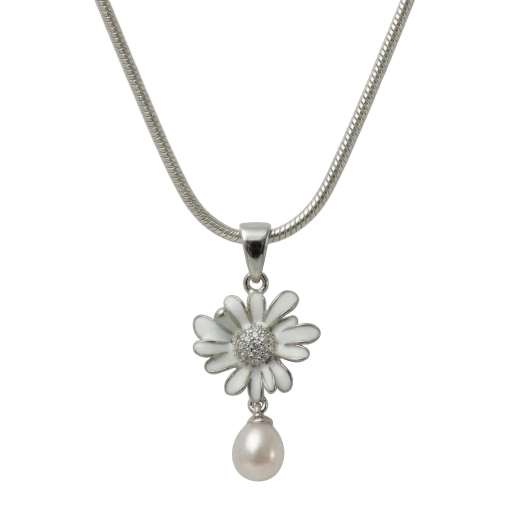 Silver Daisy Pearl Pendant Set