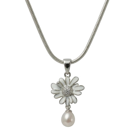 Silver Daisy Pearl Pendant Set
