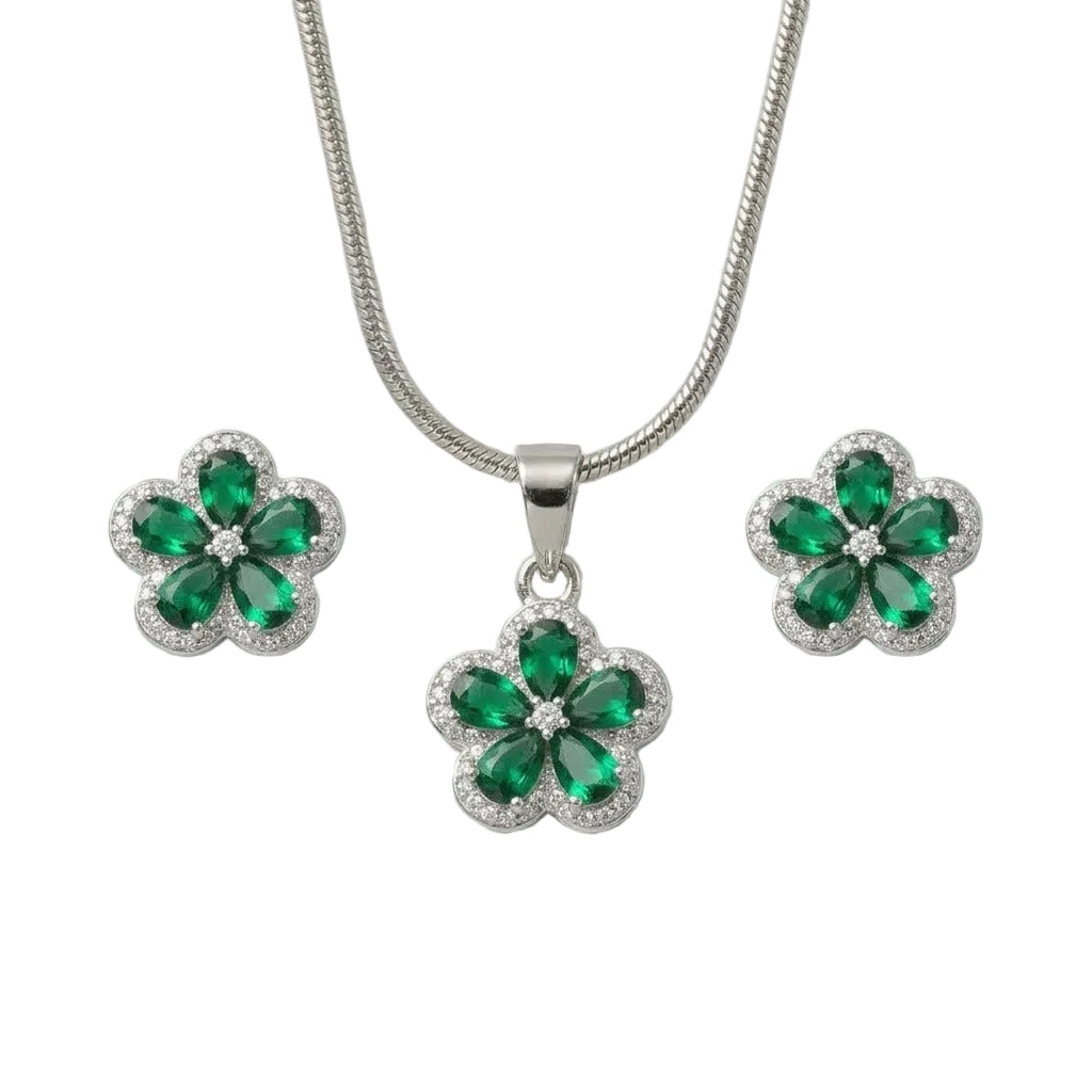 Silver Emerald Bloom Pendant Set