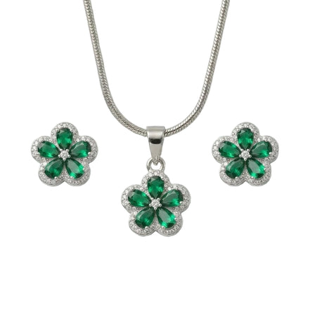 Silver Emerald Bloom Pendant Set