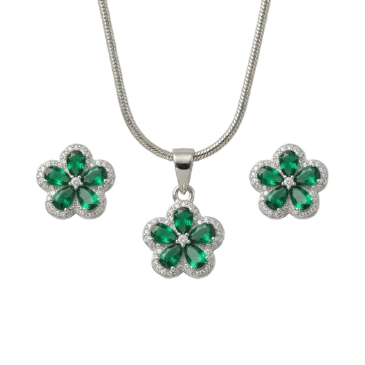 Silver Emerald Bloom Pendant Set