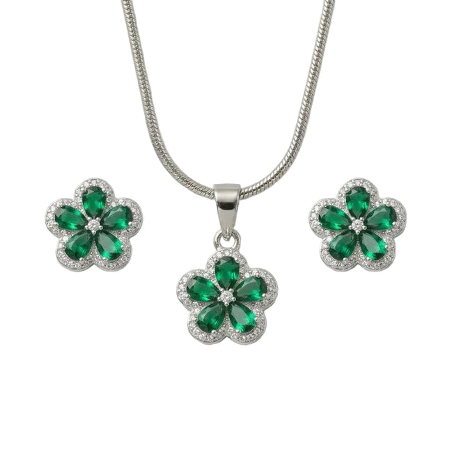 Silver Emerald Bloom Pendant Set