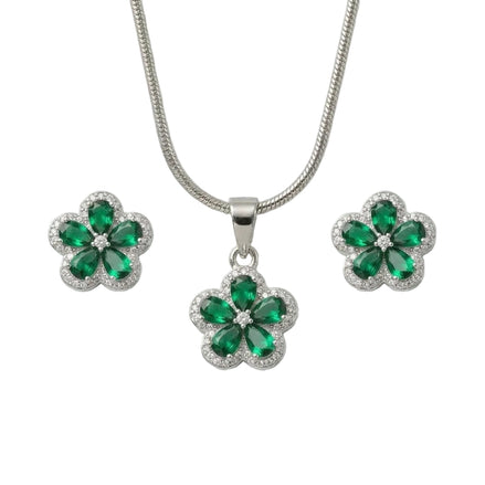 Silver Emerald Bloom Pendant Set