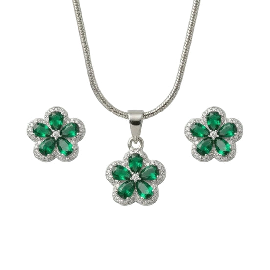 Silver Emerald Bloom Pendant Set