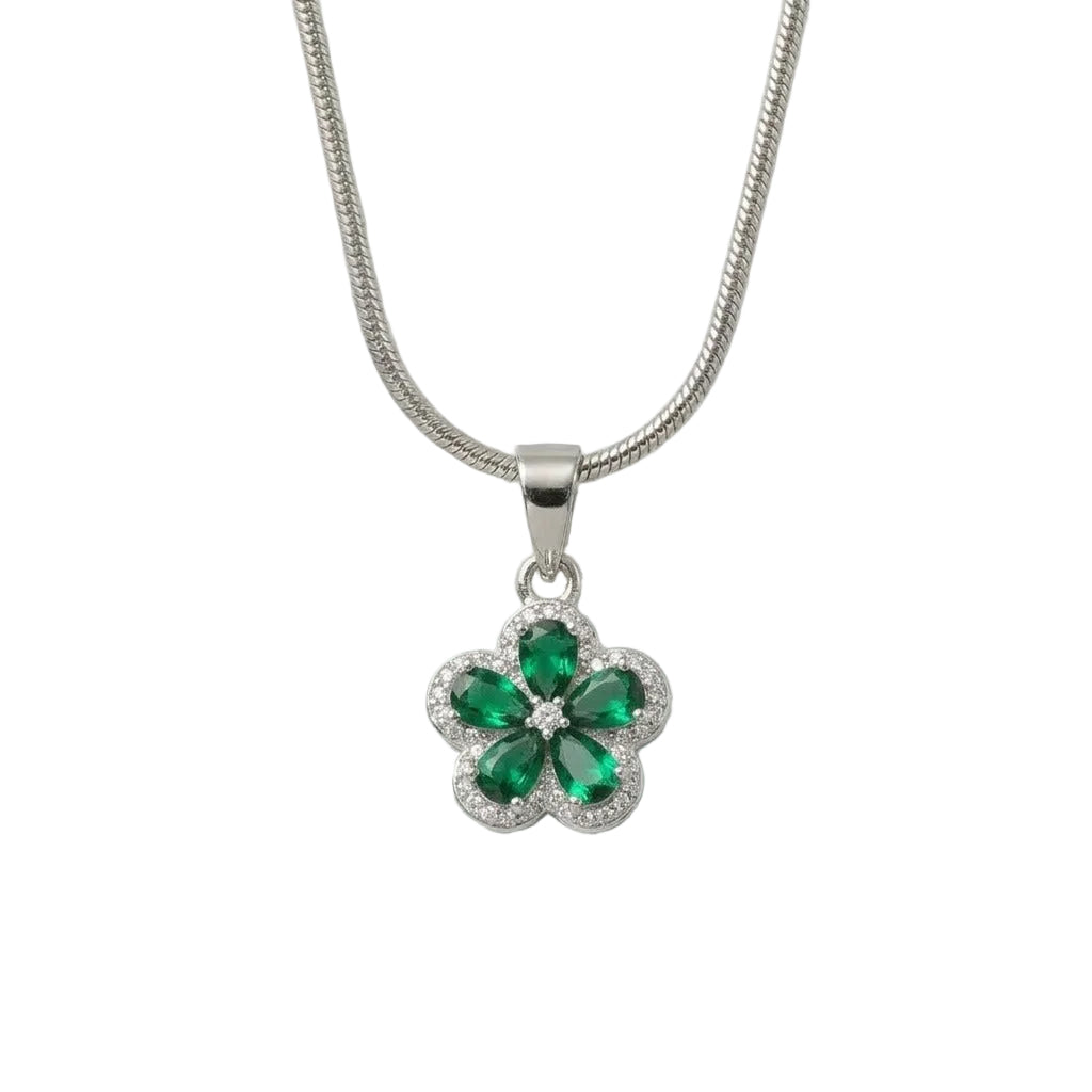 Silver Emerald Bloom Pendant Set