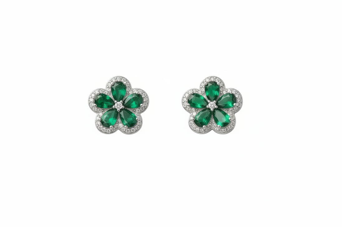 Silver Emerald Bloom Pendant Set